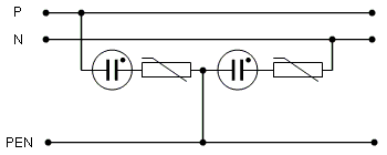Schaltung 2: Y-Schaltung aus zwei Reihenschaltungen von Varistor und Gasableiter
